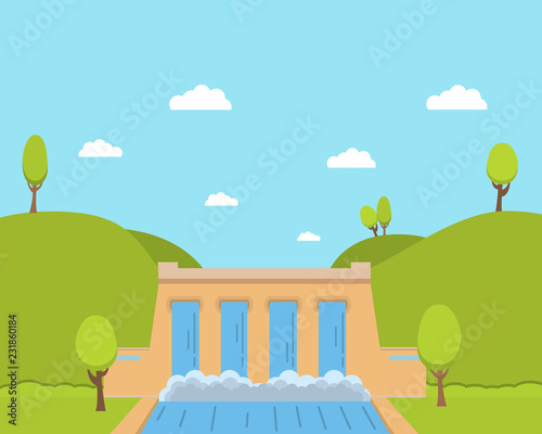The building of dam on the river.Hydroelectric power station for power production. Environmentally friendly production of electricity.Protection surrounding environment and the nature.In flat vector.