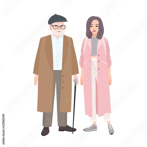 Happy grandfather and granddaughter dressed in stylish outerwear standing together. Elegant elderly man and teenage girl wearing coats. Family portrait. Vector illustration in flat cartoon style.