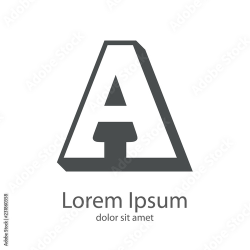 Logotipo con letra A en espacio negativo sobre fondo tridimensional en color gris