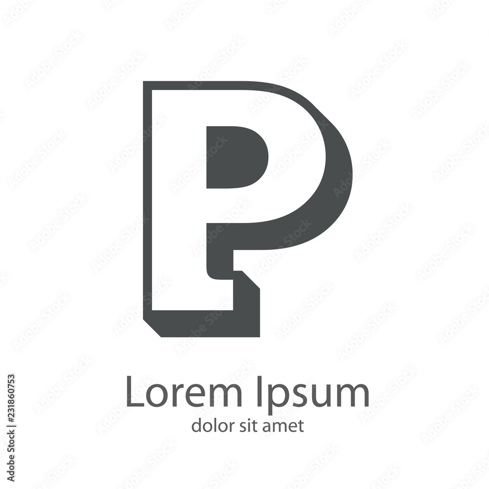 Logotipo con letra P en espacio negativo sobre fondo tridimensional en color gris Logotipo con letra P en espacio negativo sobre fondo tridimensional en color gris