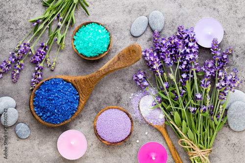 Essential lavender salt with flowers top view.