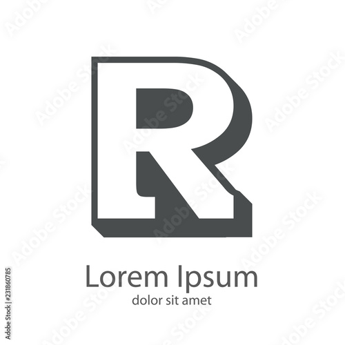 Logotipo con letra R en espacio negativo sobre fondo tridimensional en color gris