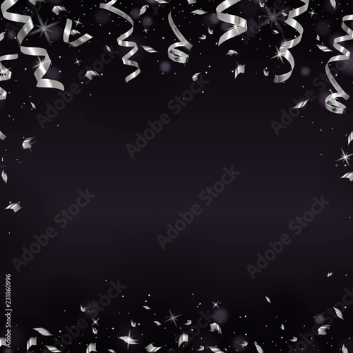 Falling silver serpentine on dark. Shine ribbon and confetti, glitter, stars. Holiday design
