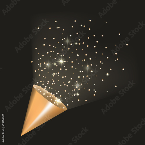 Exploding gold party popper with shine confetti, glitter, stars. Holiday design.