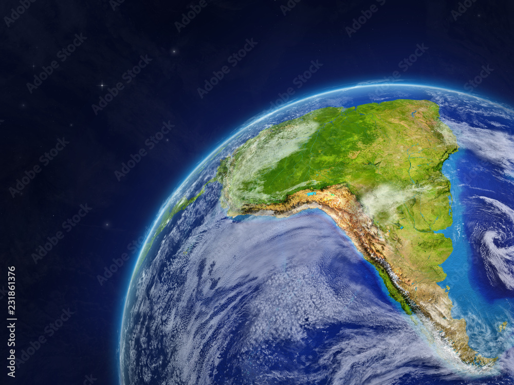 South America on model of planet Earth with very detailed planet surface and clouds.