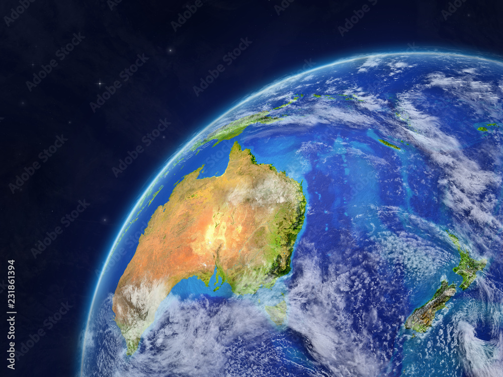 Australia on model of planet Earth with very detailed planet surface and clouds.