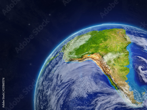 Fototapeta Naklejka Na Ścianę i Meble -  South America on model of planet Earth with very detailed planet surface and clouds.