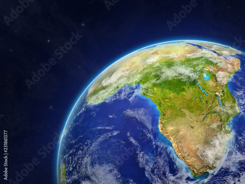 Fototapeta Naklejka Na Ścianę i Meble -  Africa on model of planet Earth with very detailed planet surface and clouds.
