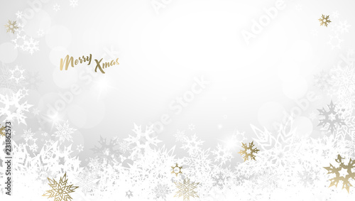 Christmas light vector background illustration with snowflakes and golden Merry Xmas text