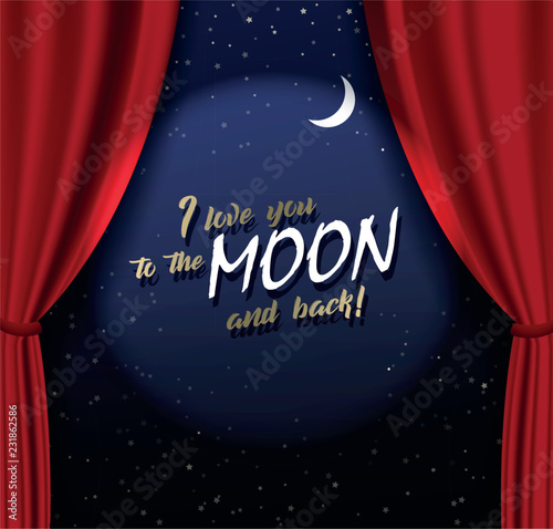 Teather stage with red heavy curtain with golden text and moon.