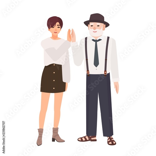 Joyful granddad and granddaughter giving high five. Smiling old man in hat and young teenage girl standing together. Happy family portrait. Colorful vector illustration in flat cartoon style.