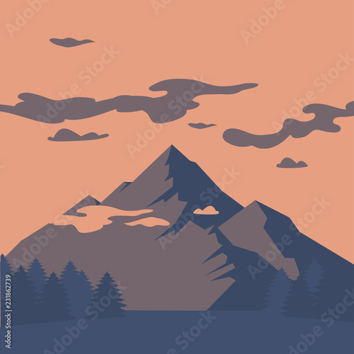 Flat Mountain landscape silhouette. Camping travel climbing icon, hiking, trakking and geology trip nature element