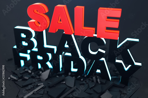 Black Friday, sale message for shop. Business shopping store banner for Black Friday. Black Friday crushing ground. 3D Neon text breaking through floor. 3D illustration