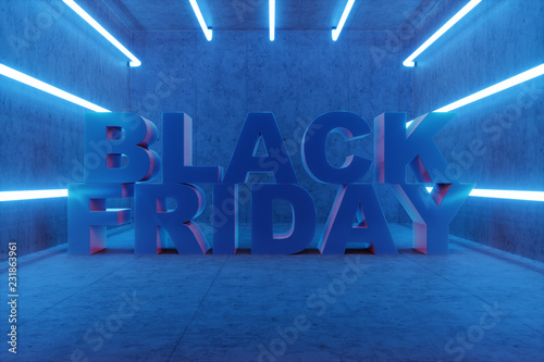 3D illustration Black Friday, sale message for shop. Business shopping store banner for Black Friday. Modern design. 3d text black friday inside the box, boxes with neon lamps with blue glow.