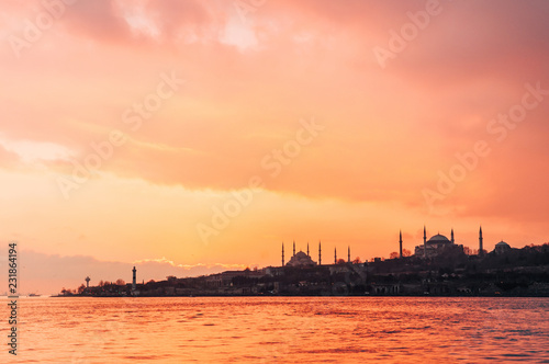 Dramatic Sunset over Blue Mosque and Hagia Sophia, Istanbul - Turkey