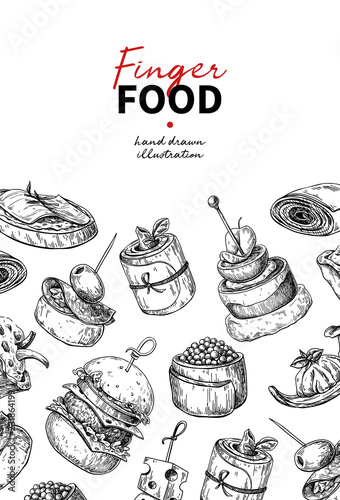 Finger food vector drawing. Catering service template for flyer,