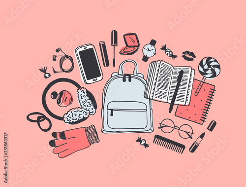 Hand drawn Fashion Illustration What is in my bag. Vector picture casual objects on pink background. Artistic doddle drawing. Creative ink art work