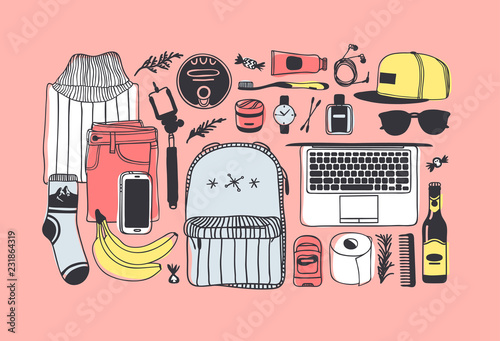 Hand drawn Fashion Illustration What is in my bag. Vector picture casual objects on pink background. Artistic doddle drawing. Creative ink art work