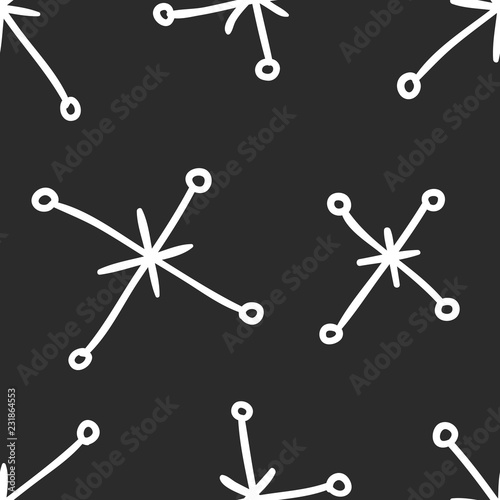 Hand drawn seamless pattern. Black and white background. Abstract doodle drawing snowflake. Vector art illustration snow