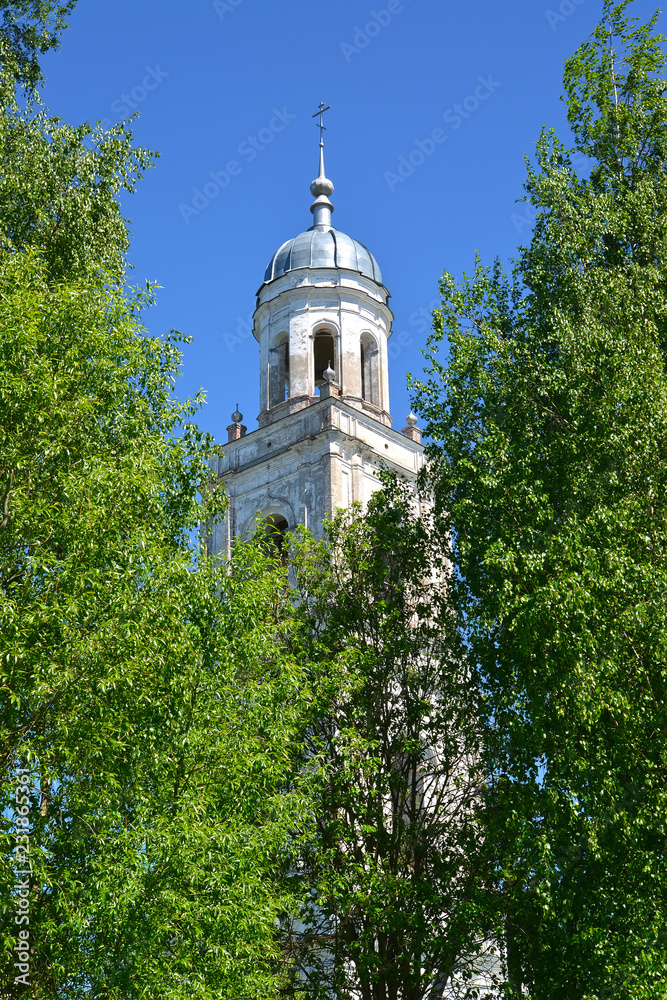 Dome of a belfry of Holy Trinity Cathedral (the 18th century) among trees. Poshekhonje, Yaroslavl region