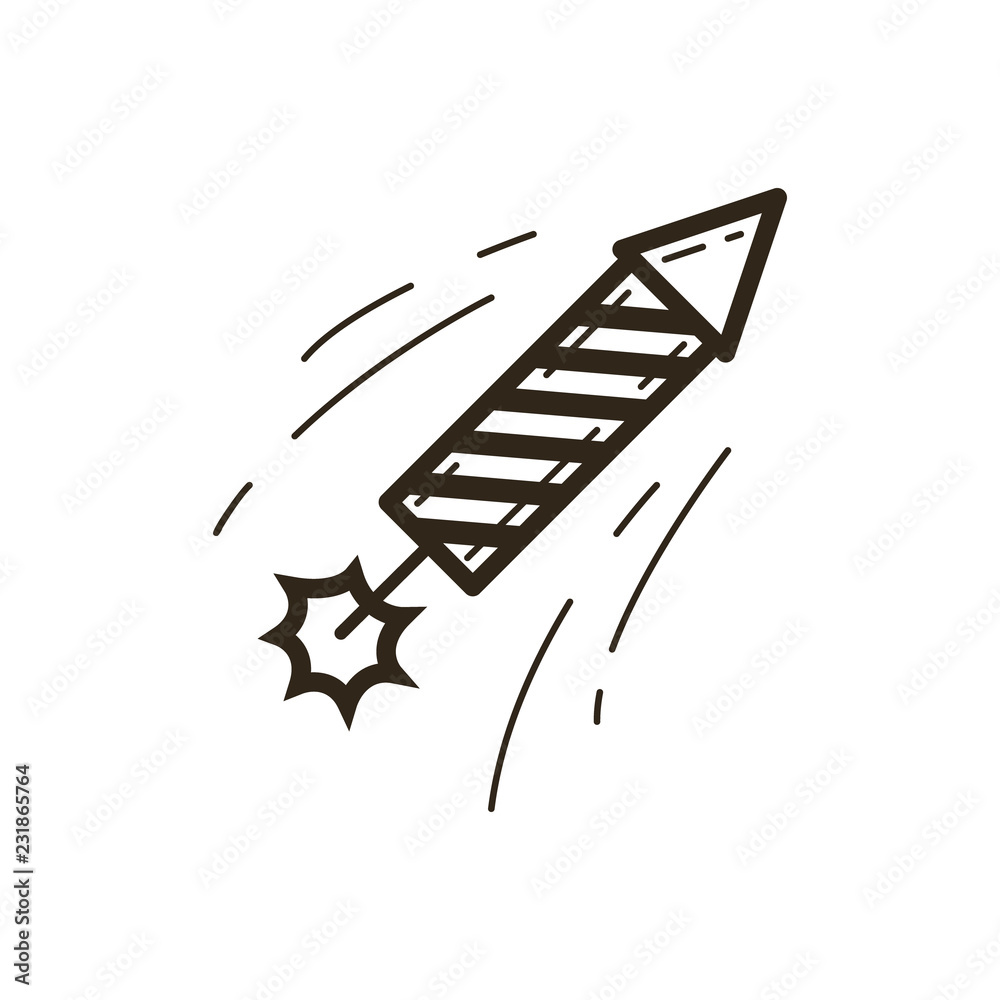 black and white simple vector line art Christmas icon of a flying firecracker rocket black and white simple vector line art Christmas icon of a flying firecracker rocket