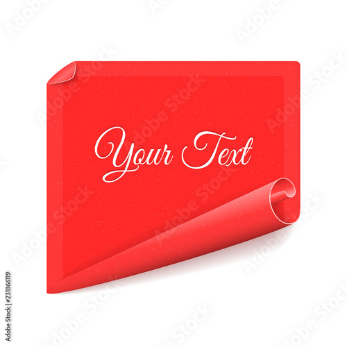 Vector Curled Red Paper Isolated on White Background. Bright Textured Paper for Your Text or Image. Christmas Festive Background. Vector Template. 3d Illustration of blank paper.