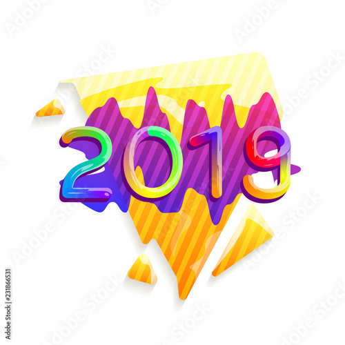 2019 New Year Abstract Festive Background. Colorful Gradient Text with Geometric Elements Isolated on White Background. Vector Design Element for Banner, Flyer, Card etc.