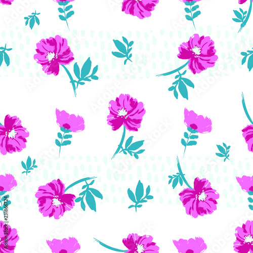 Beautiful Seamless Pattern Print with Flowers and Leaves on Brush Strokes Background. Colorful design for fabric, wallpaper, gift paper, blog,web ,invitation,wedding,birthday,party.
