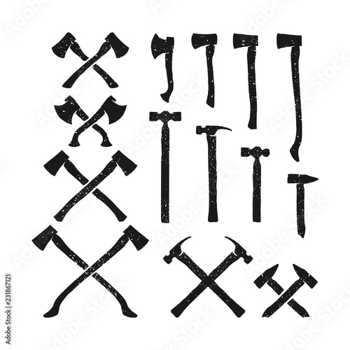 Crossed axe and hammer, rustic vector collection
