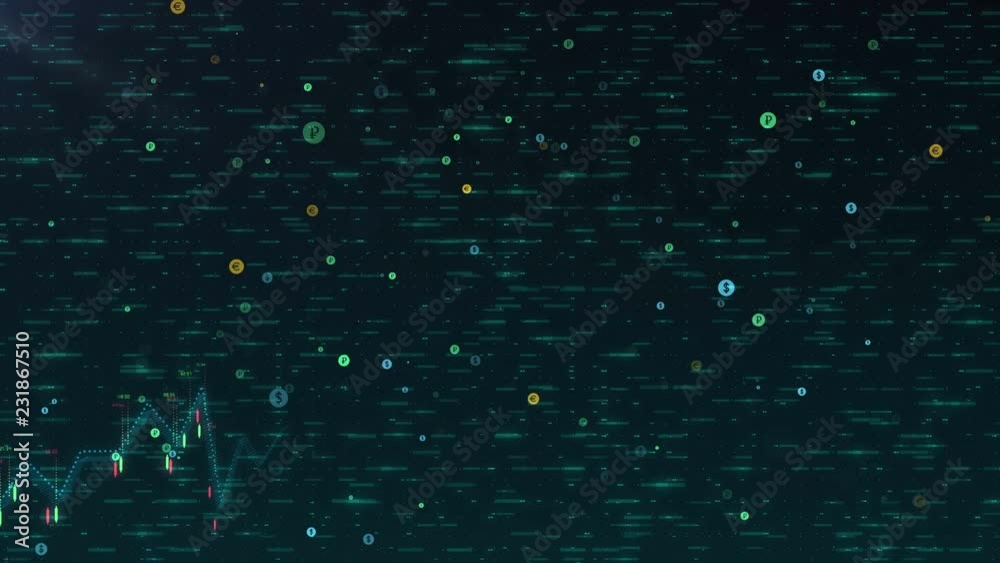 Motion graphic background with holographic financial line graph appearing in digital space with flying world currency symbols