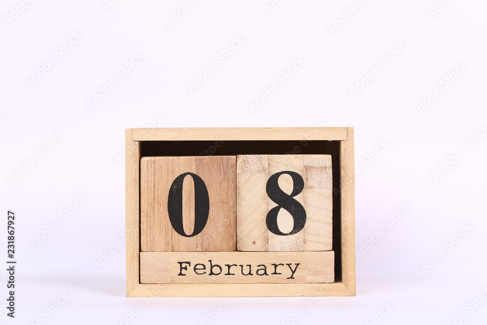 Wooden cubes calendar with the date of February 08. Concept calendar for year with copy space isolated on white background Wooden cubes calendar with the date of February 08. Concept calendar for year with copy space isolated on white background