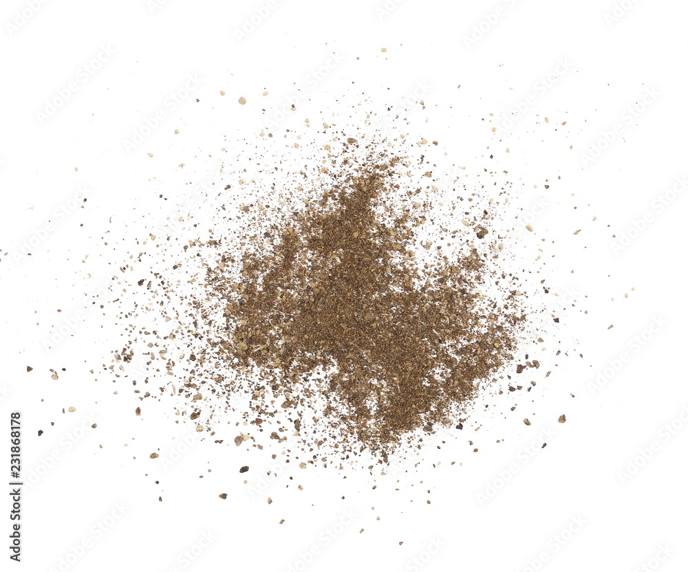 Ground pepper powder isolated on white background, top view