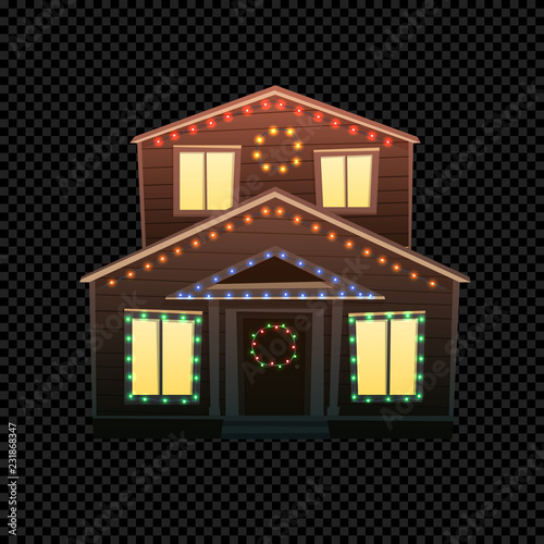 Vector Christmas House Isolated on Dark Transparent Background. Festive House with Bright Xmas Lights in Different Colors. Cartoon Illustration of Small Building. Front View.