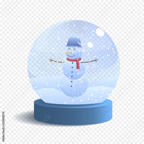 Vector Snow Globe Isolated on White Background. Realistic Glass Sphere with Falling Snow and Snowman. Vector Festive Illustration.
