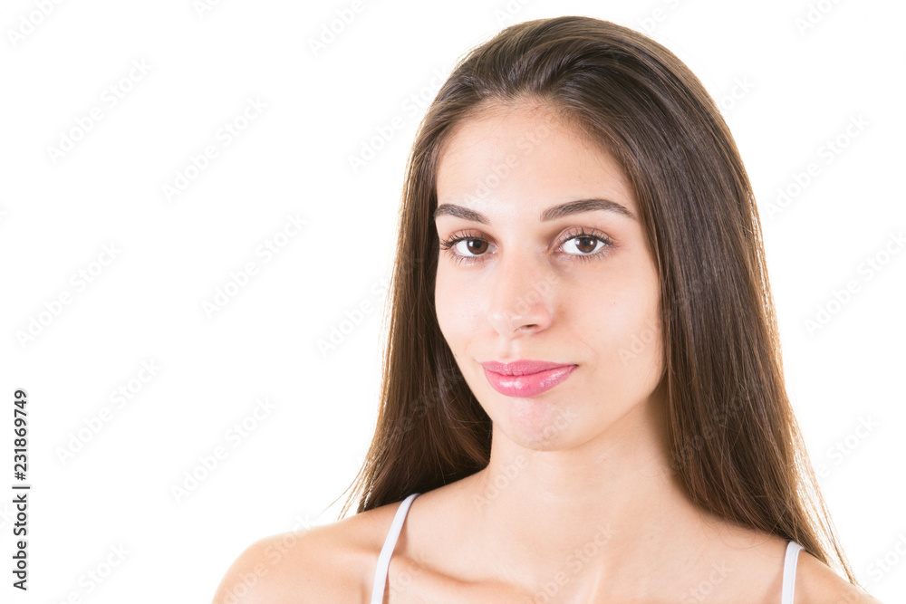 young woman pretty face dark hair in white background studio young woman pretty face dark hair in white background studio
