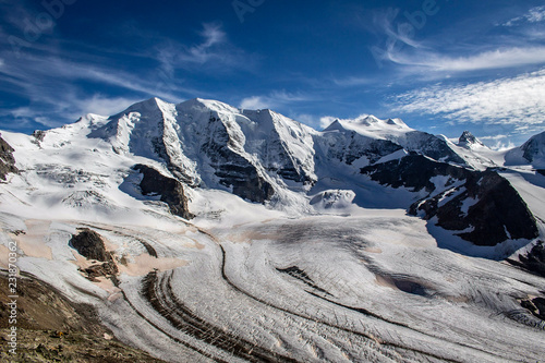 Panoramic view of a glacier called Persglacier and a mountain called Piz Palü in the Bernina Range, Alps, Siwtzerland