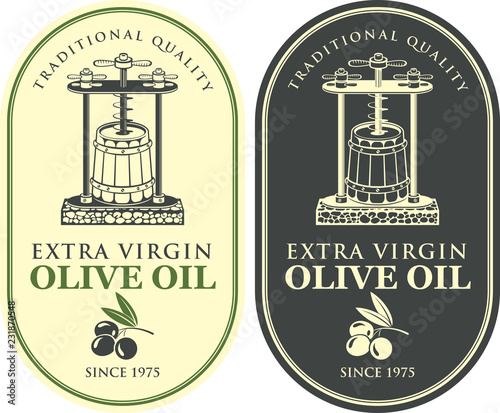 Set of vector labels for extra virgin olive oil with olive twig, oil press and barrel in retro style in oval frame