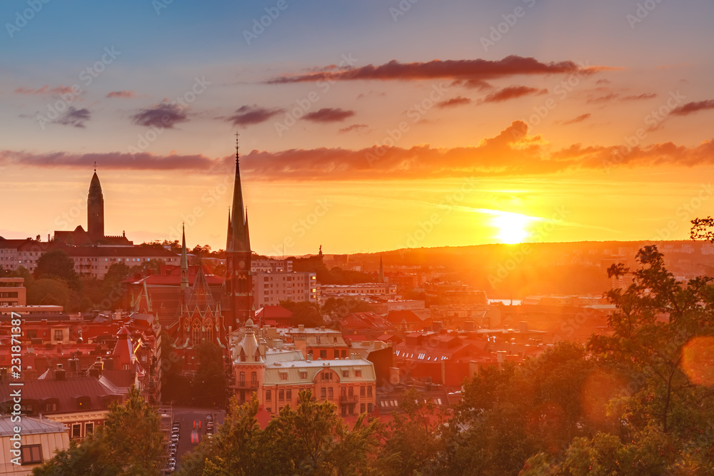 Scenic aerial view of the Old Town with Oscar Fredrik Church in the gorgeous sunset, Gothenburg, Sweden.
