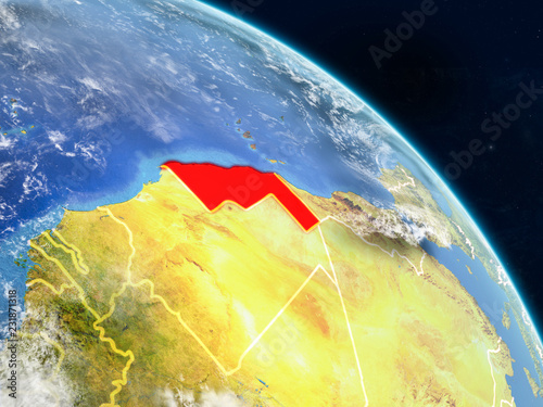 Western Sahara from space on realistic model of planet Earth with country borders and detailed planet surface and clouds.