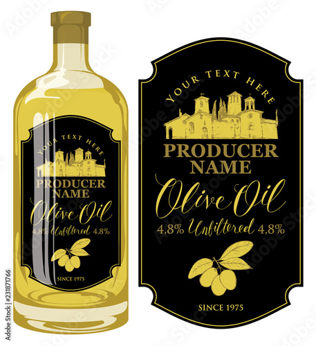 Vector label for unfiltered olive oil with calligraphic handwritten inscription and with rural Italian landscape on the black background in retro style. Template label for olive oil on glass bottle