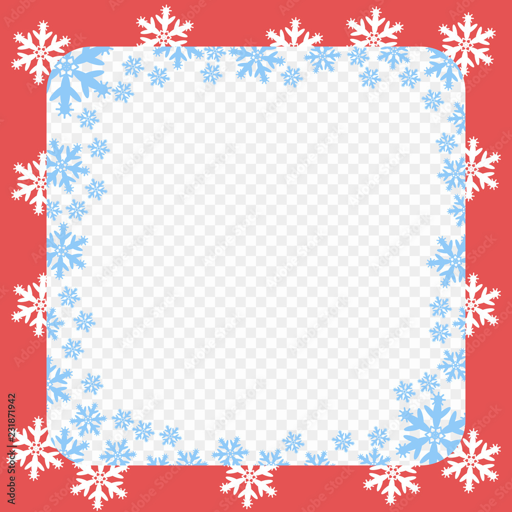 Vector red frame pattern. Christmas and New year with white and blue snowflakes. Transparent isolated background. Vector red frame pattern. Christmas and New year with white and blue snowflakes. Transparent isolated background.