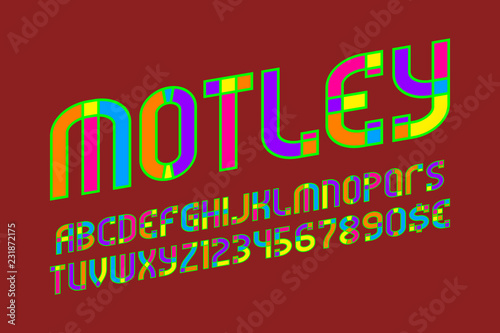 Motley alphabet with numbers and currency signs. Colorful festival font.