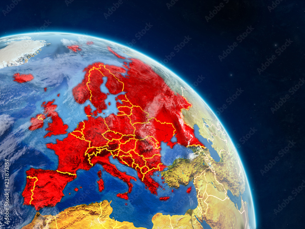 Europe from space on realistic model of planet Earth with country borders and detailed planet surface and clouds.