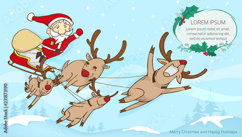 santa and reindeer flying and text frame,merry christmas text frame with santa claus design