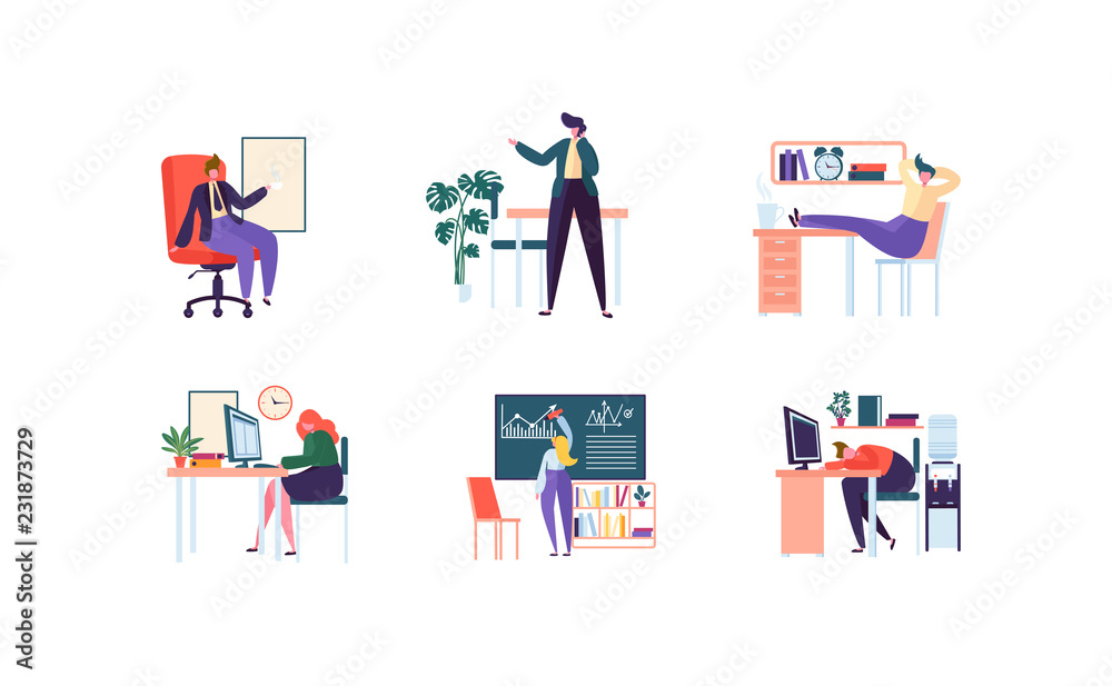 Business Characters Working in Office. Corporate Department with Business People. Management, Organization, Workplace Concept. Vector illustration Business Characters Working in Office. Corporate Department with Business People. Management, Organization, Workplace Concept. Vector illustration