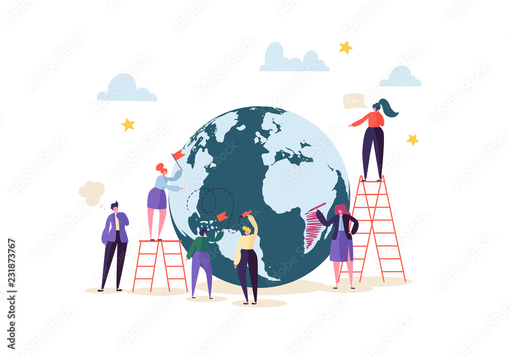 Global Business Concept with Characters Working Together. People Communicating in Work Process. Creative Teamwork Cooperation Worldwide Business. Vector illustration
