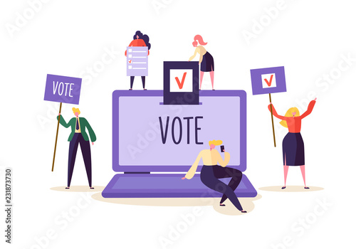 E-voting Concept with Characters Voting Using Laptop via Electronic Internet System. Man and Woman Give Vote into the Ballot Box. Vector illustration