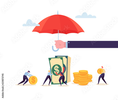 Insurance Agent Holding Umbrella Over Money Savings. Financial Protection Concept with Characters Collecting Golden Coins. Safety Investment. Vector illustration