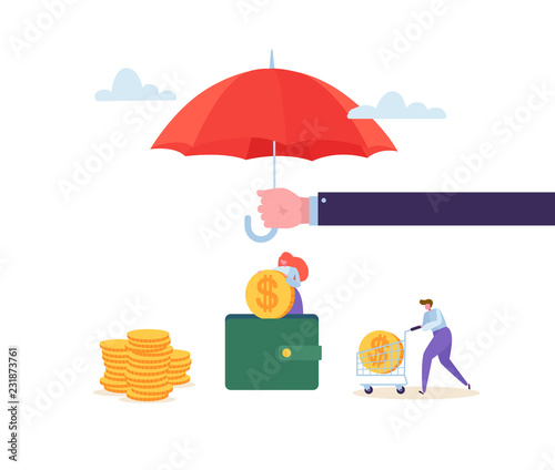 Insurance Agent Holding Umbrella Over Money Savings. Financial Protection Concept with Characters Collecting Golden Coins into the Wallet. Safety Investment. Vector illustration