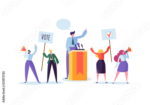 Political Meeting with Candidate in Speech. Election Campaign Voting with Characters Holding Vote Banners and Signs. Man and Woman Voters with Megaphone. Vector illustration
